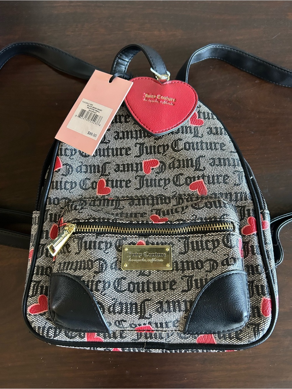Juicy Couture Black Logo Canvas Mini Backpack with Red Heart Accents